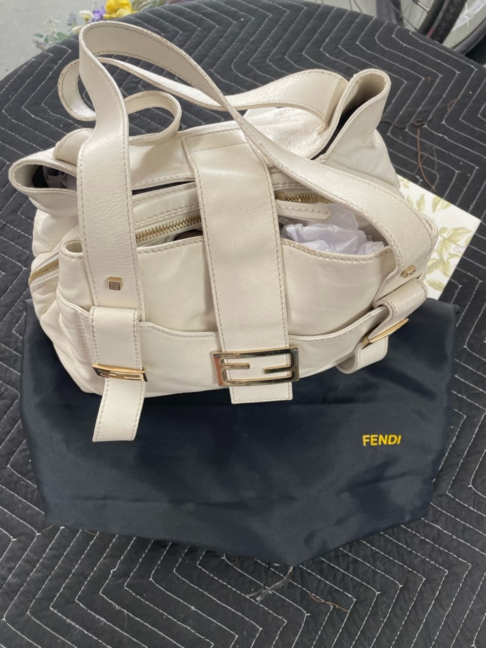 Fendi Cream Leather Shoulder Bag with Gold Hardware Accent Buckle